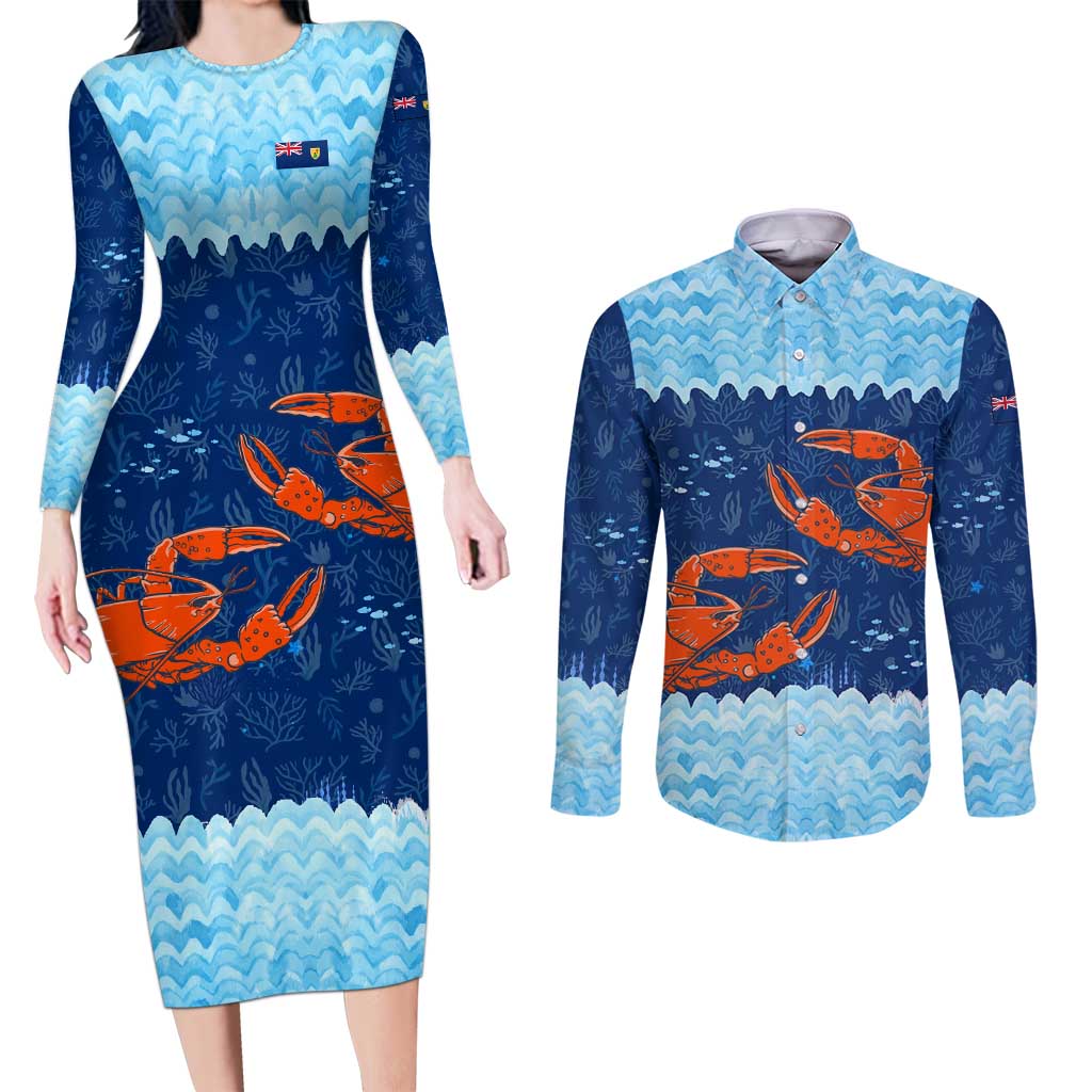 Turks and Caicos Islands Couples Matching Long Sleeve Bodycon Dress and Long Sleeve Button Shirt with Red Crab and Ocean Wave Coral Reef Design - Wonder Print Shop