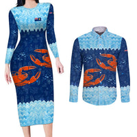 Turks and Caicos Islands Couples Matching Long Sleeve Bodycon Dress and Long Sleeve Button Shirt with Red Crab and Ocean Wave Coral Reef Design - Wonder Print Shop
