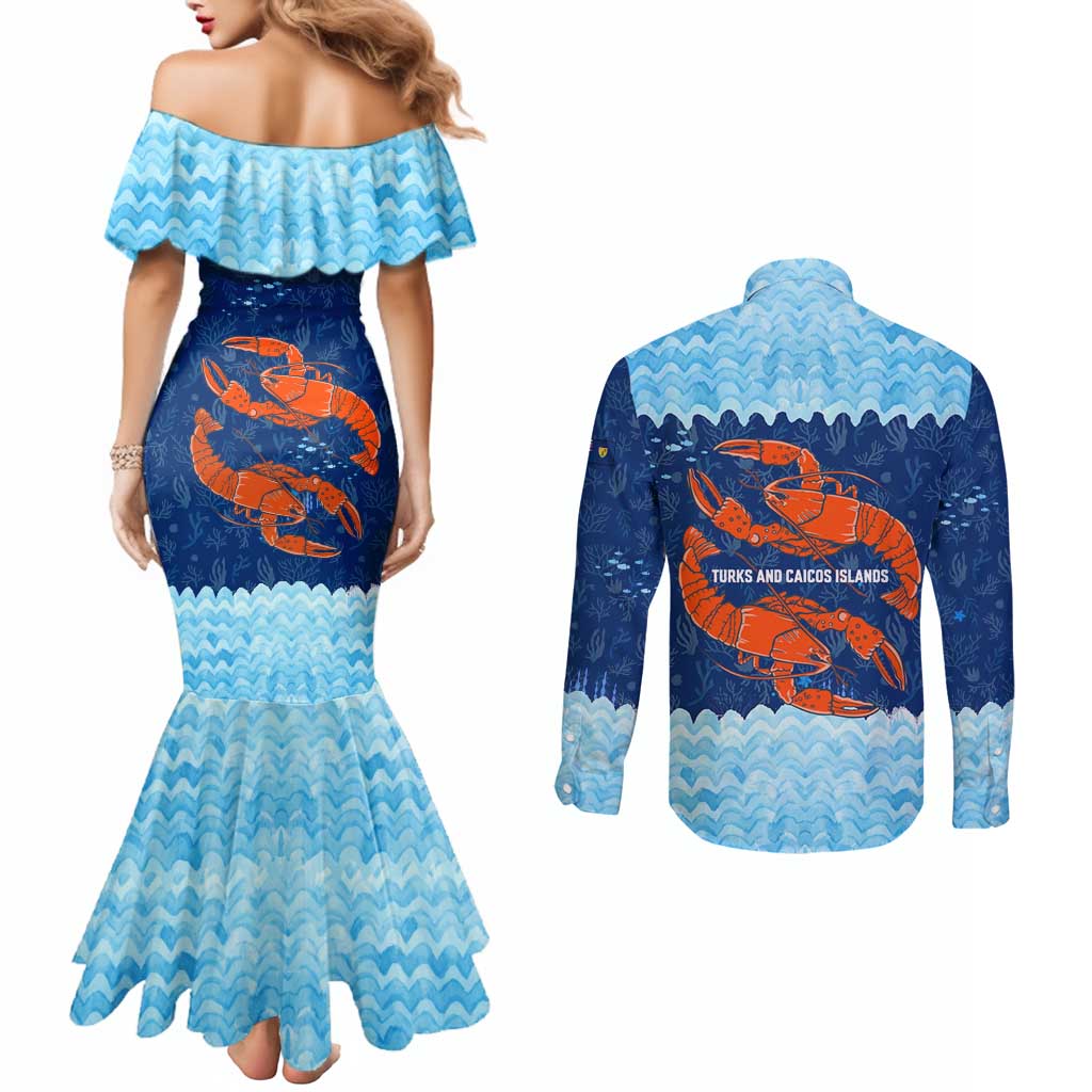 Turks and Caicos Islands Couples Matching Mermaid Dress and Long Sleeve Button Shirt with Red Crab and Ocean Wave Coral Reef Design - Wonder Print Shop