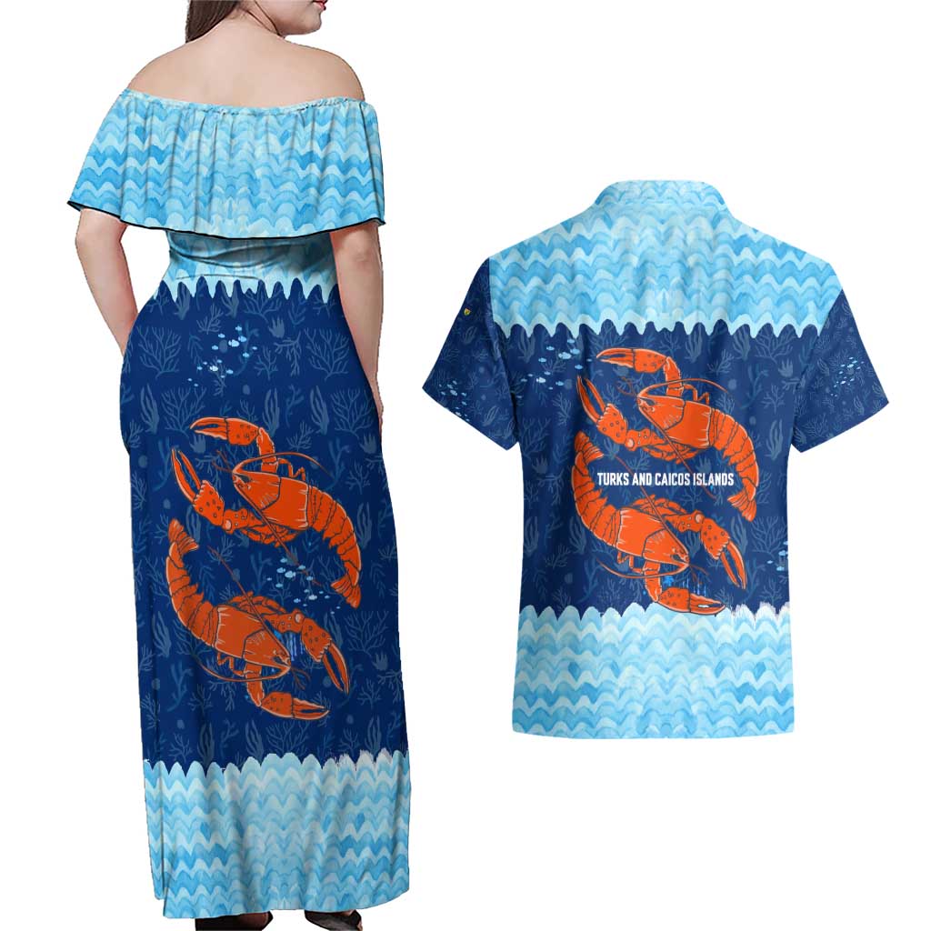 Turks and Caicos Islands Couples Matching Off Shoulder Maxi Dress and Hawaiian Shirt with Red Crab and Ocean Wave Coral Reef Design - Wonder Print Shop