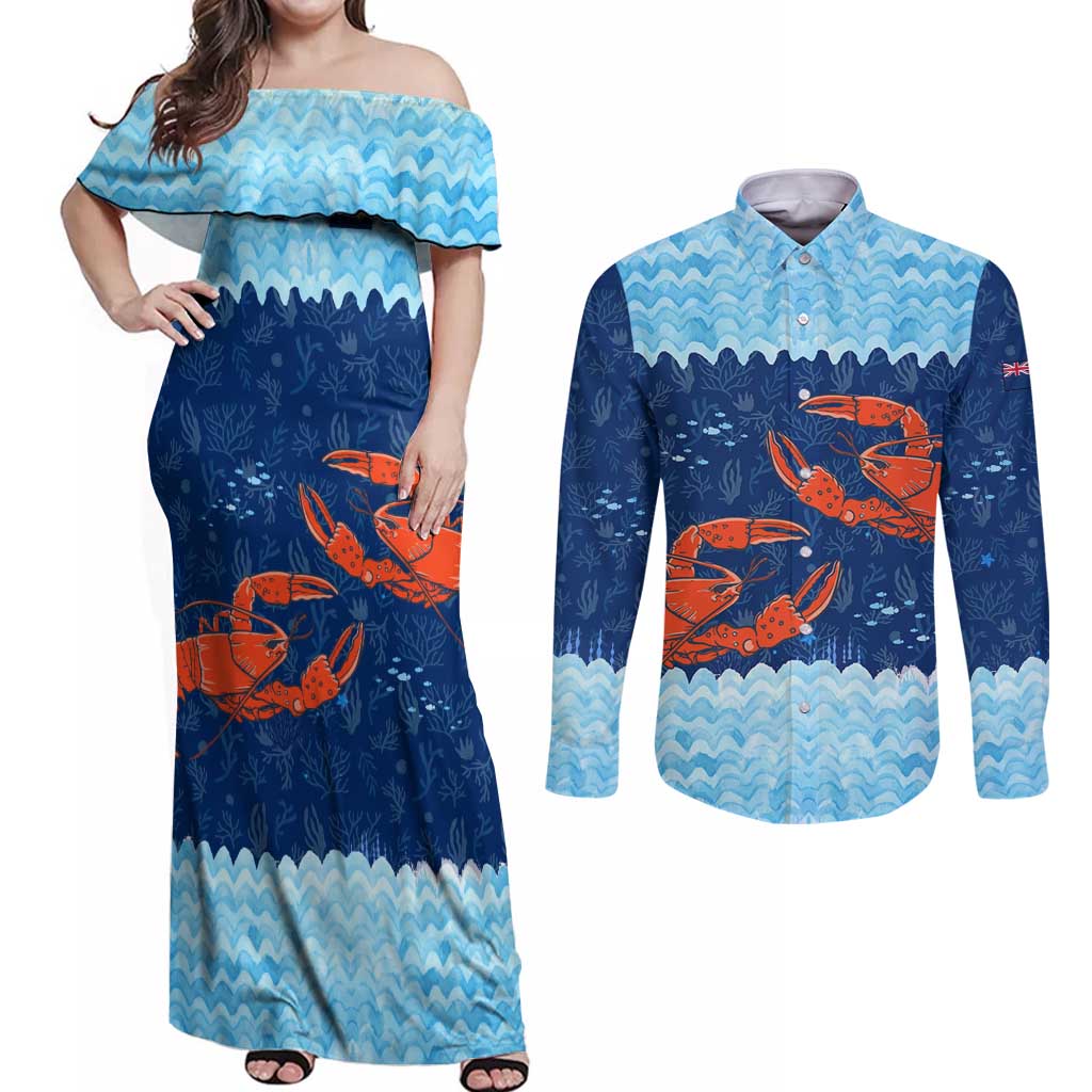 Turks and Caicos Islands Couples Matching Off Shoulder Maxi Dress and Long Sleeve Button Shirt with Red Crab and Ocean Wave Coral Reef Design - Wonder Print Shop