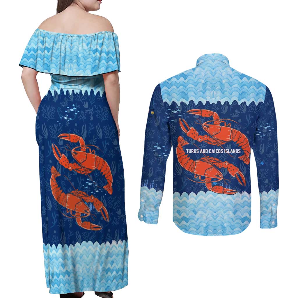 Turks and Caicos Islands Couples Matching Off Shoulder Maxi Dress and Long Sleeve Button Shirt with Red Crab and Ocean Wave Coral Reef Design - Wonder Print Shop