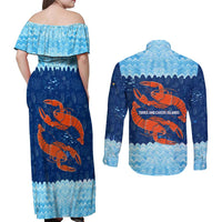 Turks and Caicos Islands Couples Matching Off Shoulder Maxi Dress and Long Sleeve Button Shirt with Red Crab and Ocean Wave Coral Reef Design - Wonder Print Shop