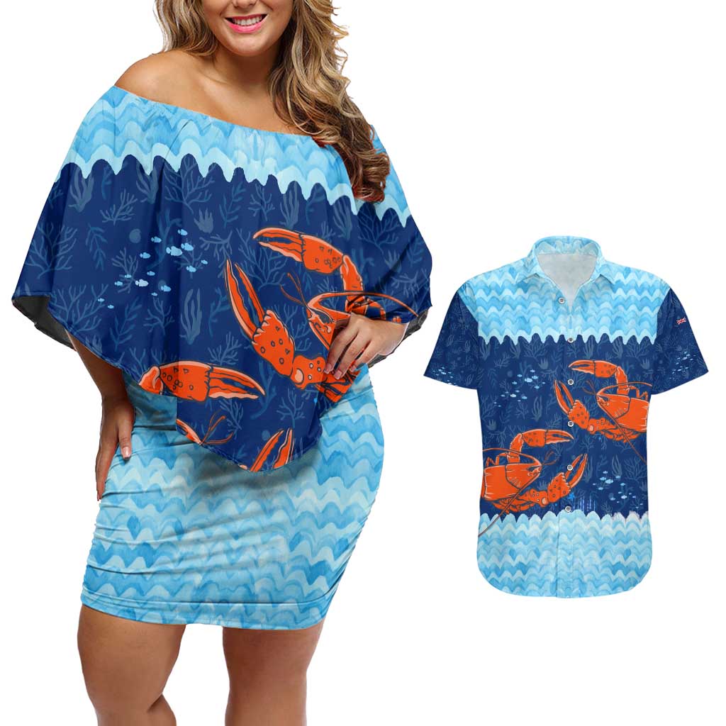 Turks and Caicos Islands Couples Matching Off Shoulder Short Dress and Hawaiian Shirt with Red Crab and Ocean Wave Coral Reef Design - Wonder Print Shop