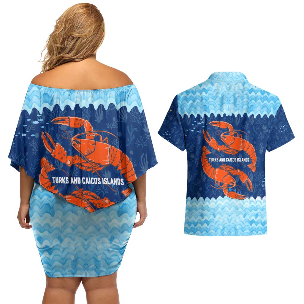 Turks and Caicos Islands Couples Matching Off Shoulder Short Dress and Hawaiian Shirt with Red Crab and Ocean Wave Coral Reef Design - Wonder Print Shop