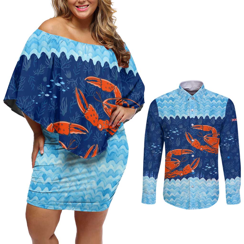 Turks and Caicos Islands Couples Matching Off Shoulder Short Dress and Long Sleeve Button Shirt with Red Crab and Ocean Wave Coral Reef Design - Wonder Print Shop