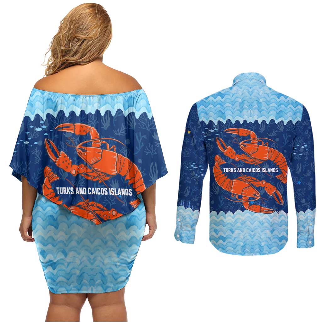 Turks and Caicos Islands Couples Matching Off Shoulder Short Dress and Long Sleeve Button Shirt with Red Crab and Ocean Wave Coral Reef Design - Wonder Print Shop