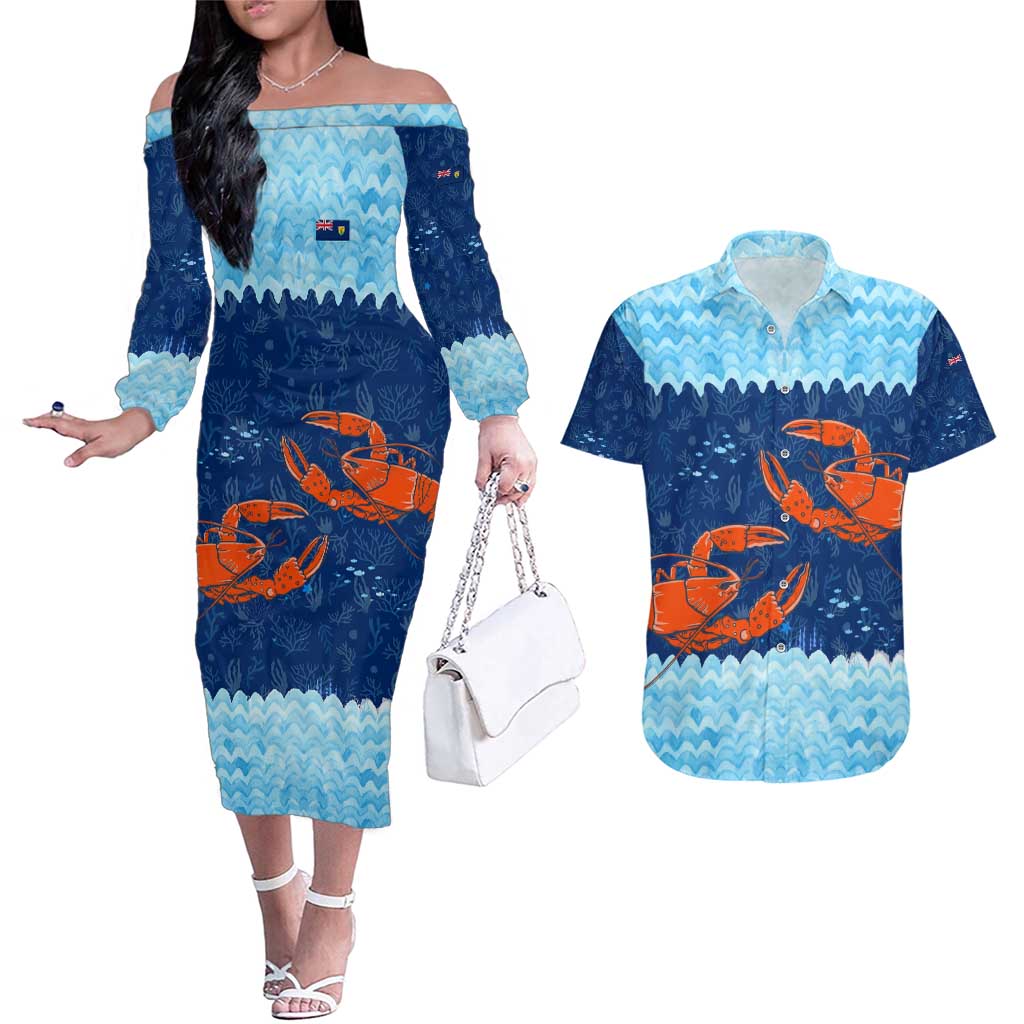 Turks and Caicos Islands Couples Matching Off The Shoulder Long Sleeve Dress and Hawaiian Shirt with Red Crab and Ocean Wave Coral Reef Design - Wonder Print Shop