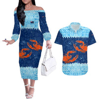 Turks and Caicos Islands Couples Matching Off The Shoulder Long Sleeve Dress and Hawaiian Shirt with Red Crab and Ocean Wave Coral Reef Design - Wonder Print Shop