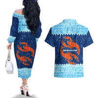 Turks and Caicos Islands Couples Matching Off The Shoulder Long Sleeve Dress and Hawaiian Shirt with Red Crab and Ocean Wave Coral Reef Design - Wonder Print Shop