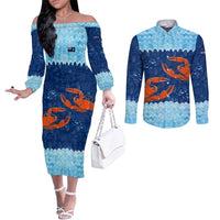 Turks and Caicos Islands Couples Matching Off The Shoulder Long Sleeve Dress and Long Sleeve Button Shirt with Red Crab and Ocean Wave Coral Reef Design - Wonder Print Shop