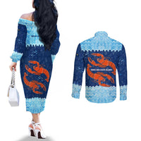 Turks and Caicos Islands Couples Matching Off The Shoulder Long Sleeve Dress and Long Sleeve Button Shirt with Red Crab and Ocean Wave Coral Reef Design - Wonder Print Shop
