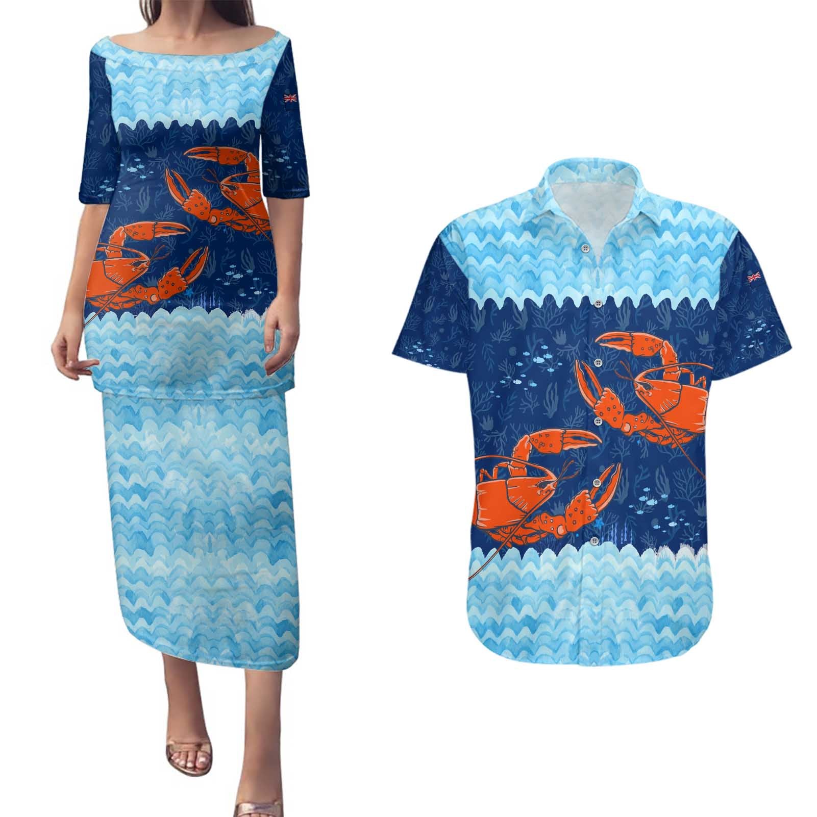 Turks and Caicos Islands Couples Matching Puletasi and Hawaiian Shirt with Red Crab and Ocean Wave Coral Reef Design - Wonder Print Shop