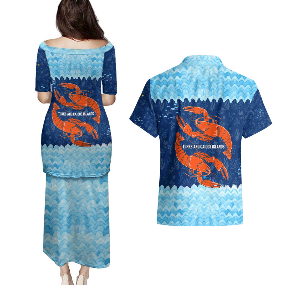 Turks and Caicos Islands Couples Matching Puletasi and Hawaiian Shirt with Red Crab and Ocean Wave Coral Reef Design - Wonder Print Shop
