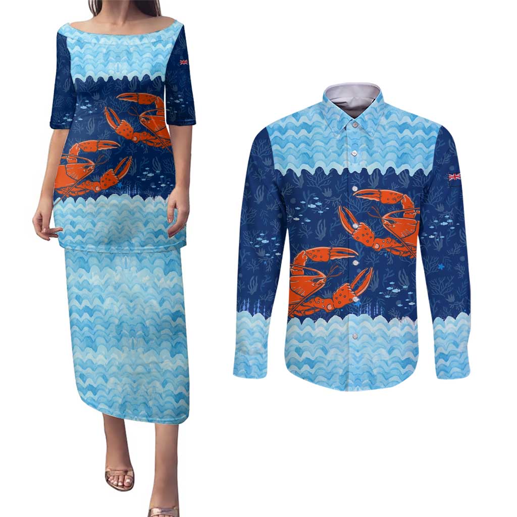 Turks and Caicos Islands Couples Matching Puletasi and Long Sleeve Button Shirt with Red Crab and Ocean Wave Coral Reef Design - Wonder Print Shop