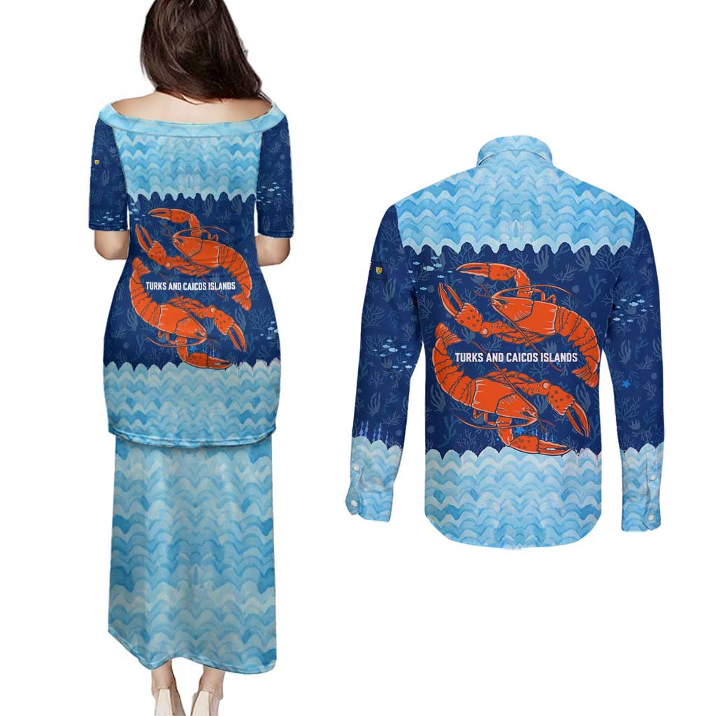 Turks and Caicos Islands Couples Matching Puletasi and Long Sleeve Button Shirt with Red Crab and Ocean Wave Coral Reef Design - Wonder Print Shop