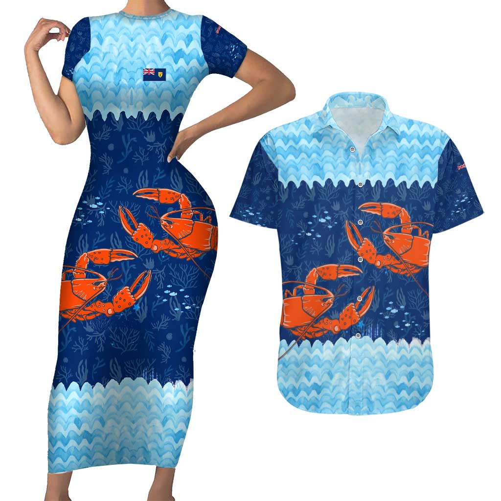 Turks and Caicos Islands Couples Matching Short Sleeve Bodycon Dress and Hawaiian Shirt with Red Crab and Ocean Wave Coral Reef Design - Wonder Print Shop
