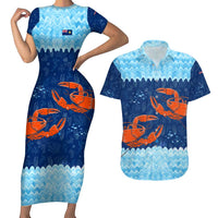 Turks and Caicos Islands Couples Matching Short Sleeve Bodycon Dress and Hawaiian Shirt with Red Crab and Ocean Wave Coral Reef Design - Wonder Print Shop