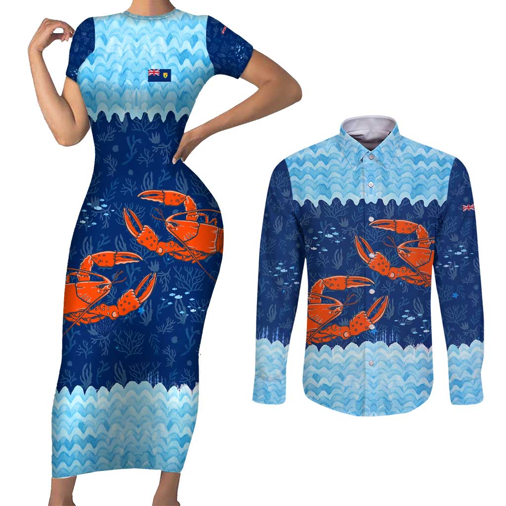 Turks and Caicos Islands Couples Matching Short Sleeve Bodycon Dress and Long Sleeve Button Shirt with Red Crab and Ocean Wave Coral Reef Design - Wonder Print Shop