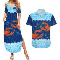 Turks and Caicos Islands Couples Matching Summer Maxi Dress and Hawaiian Shirt with Red Crab and Ocean Wave Coral Reef Design - Wonder Print Shop