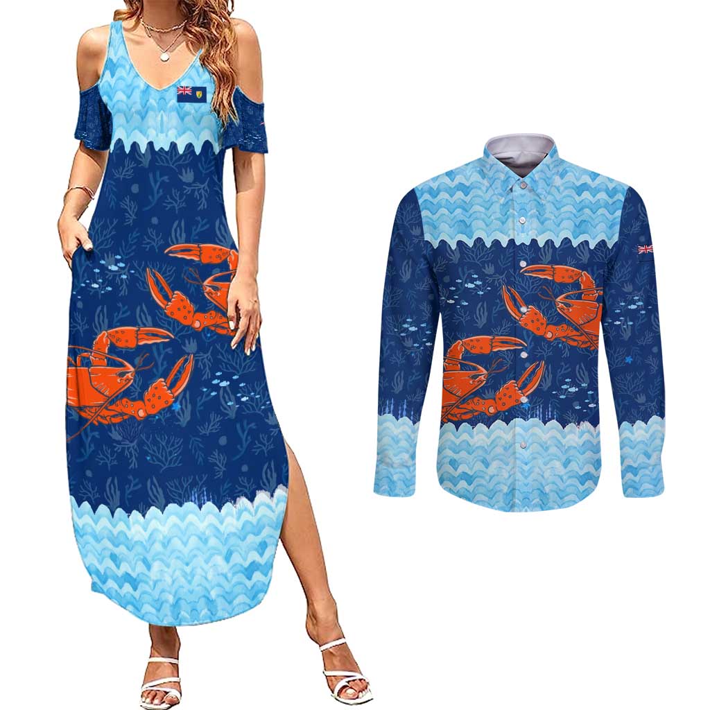 Turks and Caicos Islands Couples Matching Summer Maxi Dress and Long Sleeve Button Shirt with Red Crab and Ocean Wave Coral Reef Design - Wonder Print Shop