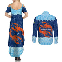 Turks and Caicos Islands Couples Matching Summer Maxi Dress and Long Sleeve Button Shirt with Red Crab and Ocean Wave Coral Reef Design - Wonder Print Shop