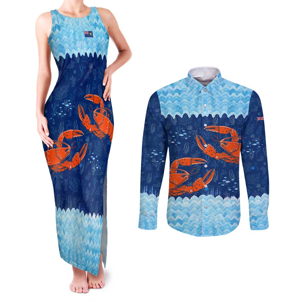 Turks and Caicos Islands Couples Matching Tank Maxi Dress and Long Sleeve Button Shirt with Red Crab and Ocean Wave Coral Reef Design - Wonder Print Shop