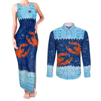 Turks and Caicos Islands Couples Matching Tank Maxi Dress and Long Sleeve Button Shirt with Red Crab and Ocean Wave Coral Reef Design - Wonder Print Shop