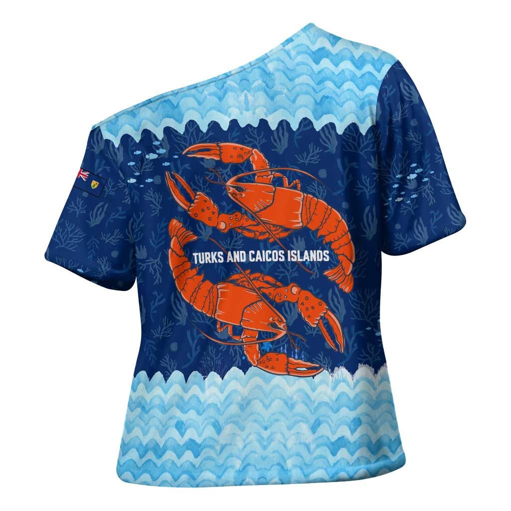 Turks and Caicos Islands Cross Shoulder Shirt with Red Crab and Ocean Wave Coral Reef Design - Wonder Print Shop