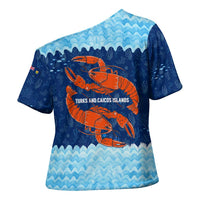Turks and Caicos Islands Cross Shoulder Shirt with Red Crab and Ocean Wave Coral Reef Design - Wonder Print Shop