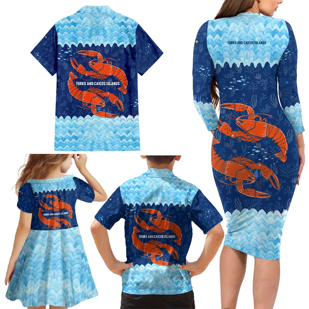 Turks and Caicos Islands Family Matching Long Sleeve Bodycon Dress and Hawaiian Shirt with Red Crab and Ocean Wave Coral Reef Design - Wonder Print Shop