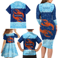 Turks and Caicos Islands Family Matching Long Sleeve Bodycon Dress and Hawaiian Shirt with Red Crab and Ocean Wave Coral Reef Design - Wonder Print Shop