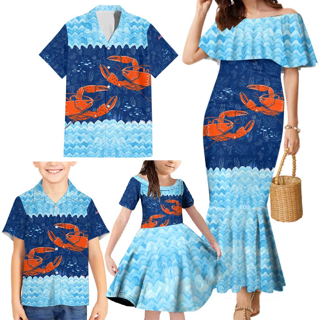 Turks and Caicos Islands Family Matching Mermaid Dress and Hawaiian Shirt with Red Crab and Ocean Wave Coral Reef Design - Wonder Print Shop