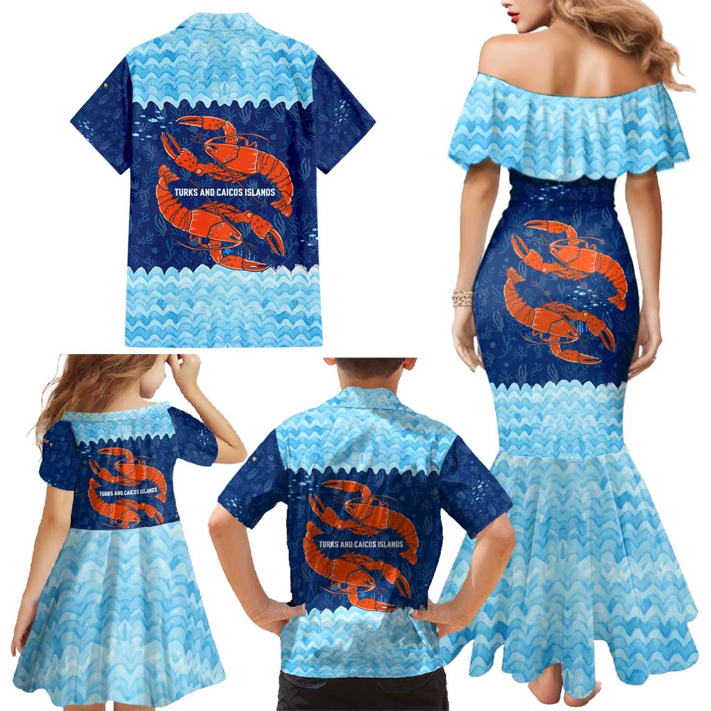 Turks and Caicos Islands Family Matching Mermaid Dress and Hawaiian Shirt with Red Crab and Ocean Wave Coral Reef Design - Wonder Print Shop
