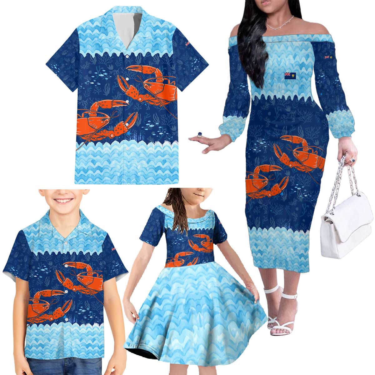 Turks and Caicos Islands Family Matching Off The Shoulder Long Sleeve Dress and Hawaiian Shirt with Red Crab and Ocean Wave Coral Reef Design - Wonder Print Shop