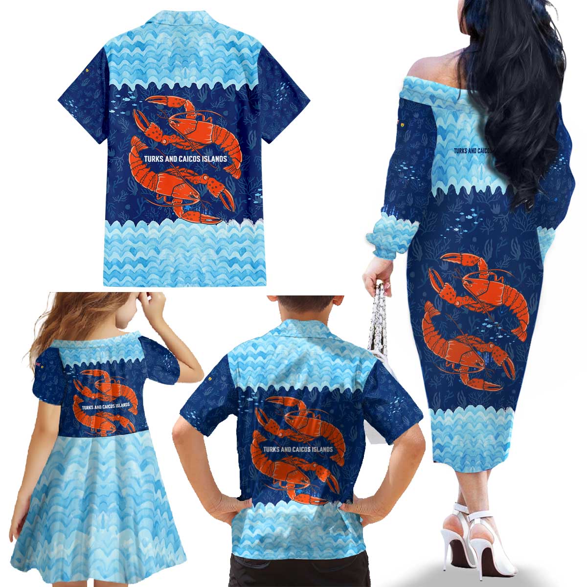 Turks and Caicos Islands Family Matching Off The Shoulder Long Sleeve Dress and Hawaiian Shirt with Red Crab and Ocean Wave Coral Reef Design - Wonder Print Shop