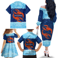 Turks and Caicos Islands Family Matching Off The Shoulder Long Sleeve Dress and Hawaiian Shirt with Red Crab and Ocean Wave Coral Reef Design - Wonder Print Shop