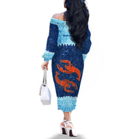 Turks and Caicos Islands Family Matching Off The Shoulder Long Sleeve Dress and Hawaiian Shirt with Red Crab and Ocean Wave Coral Reef Design - Wonder Print Shop