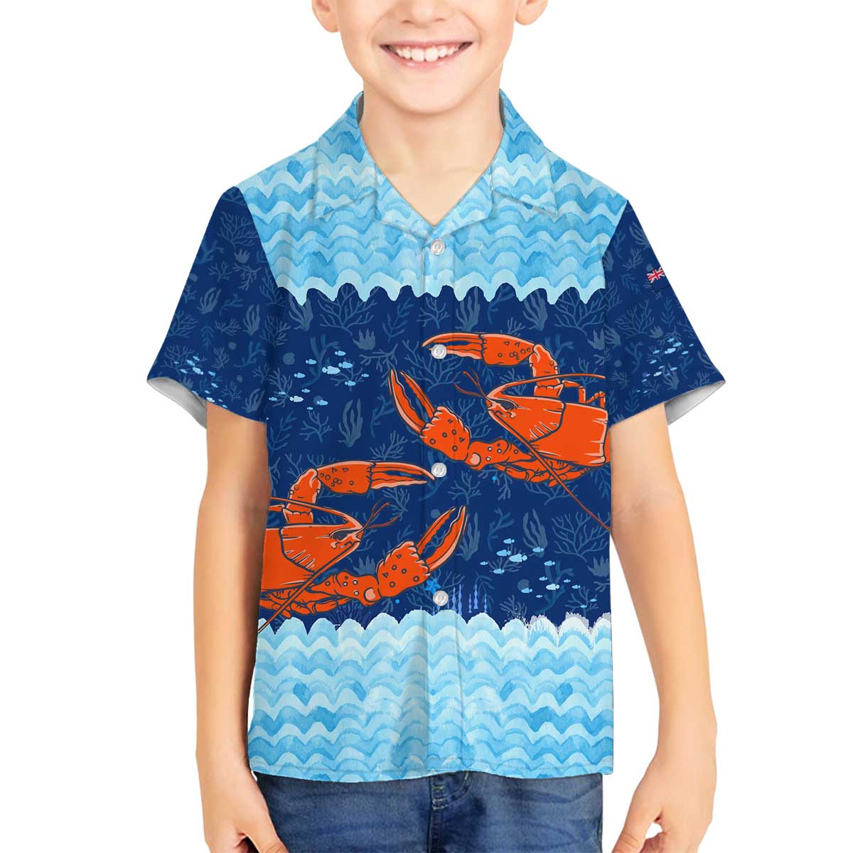 Turks and Caicos Islands Family Matching Off The Shoulder Long Sleeve Dress and Hawaiian Shirt with Red Crab and Ocean Wave Coral Reef Design - Wonder Print Shop