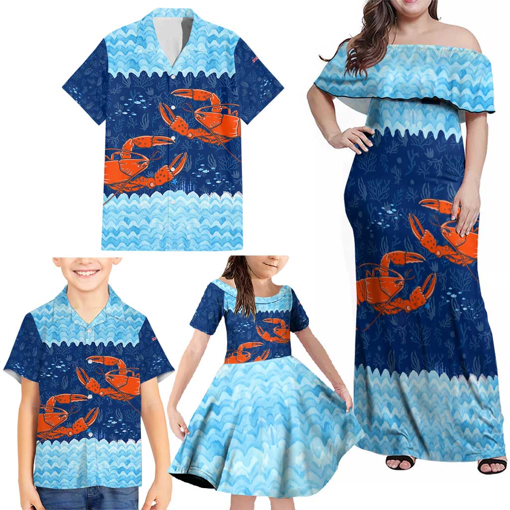 Turks and Caicos Islands Family Matching Off Shoulder Maxi Dress and Hawaiian Shirt with Red Crab and Ocean Wave Coral Reef Design - Wonder Print Shop