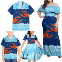 Turks and Caicos Islands Family Matching Off Shoulder Maxi Dress and Hawaiian Shirt with Red Crab and Ocean Wave Coral Reef Design - Wonder Print Shop