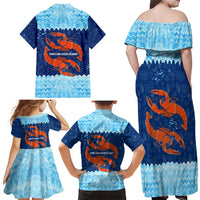 Turks and Caicos Islands Family Matching Off Shoulder Maxi Dress and Hawaiian Shirt with Red Crab and Ocean Wave Coral Reef Design - Wonder Print Shop