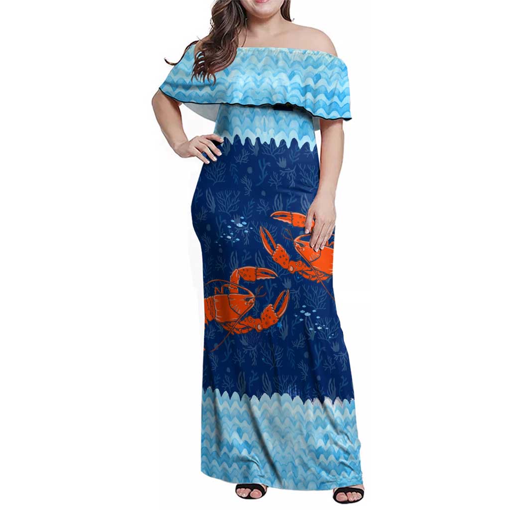 Turks and Caicos Islands Family Matching Off Shoulder Maxi Dress and Hawaiian Shirt with Red Crab and Ocean Wave Coral Reef Design - Wonder Print Shop