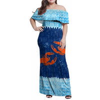 Turks and Caicos Islands Family Matching Off Shoulder Maxi Dress and Hawaiian Shirt with Red Crab and Ocean Wave Coral Reef Design - Wonder Print Shop