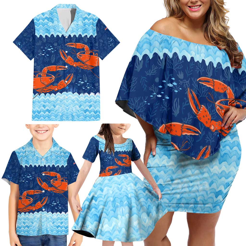 Turks and Caicos Islands Family Matching Off Shoulder Short Dress and Hawaiian Shirt with Red Crab and Ocean Wave Coral Reef Design - Wonder Print Shop