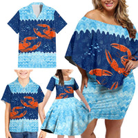 Turks and Caicos Islands Family Matching Off Shoulder Short Dress and Hawaiian Shirt with Red Crab and Ocean Wave Coral Reef Design - Wonder Print Shop