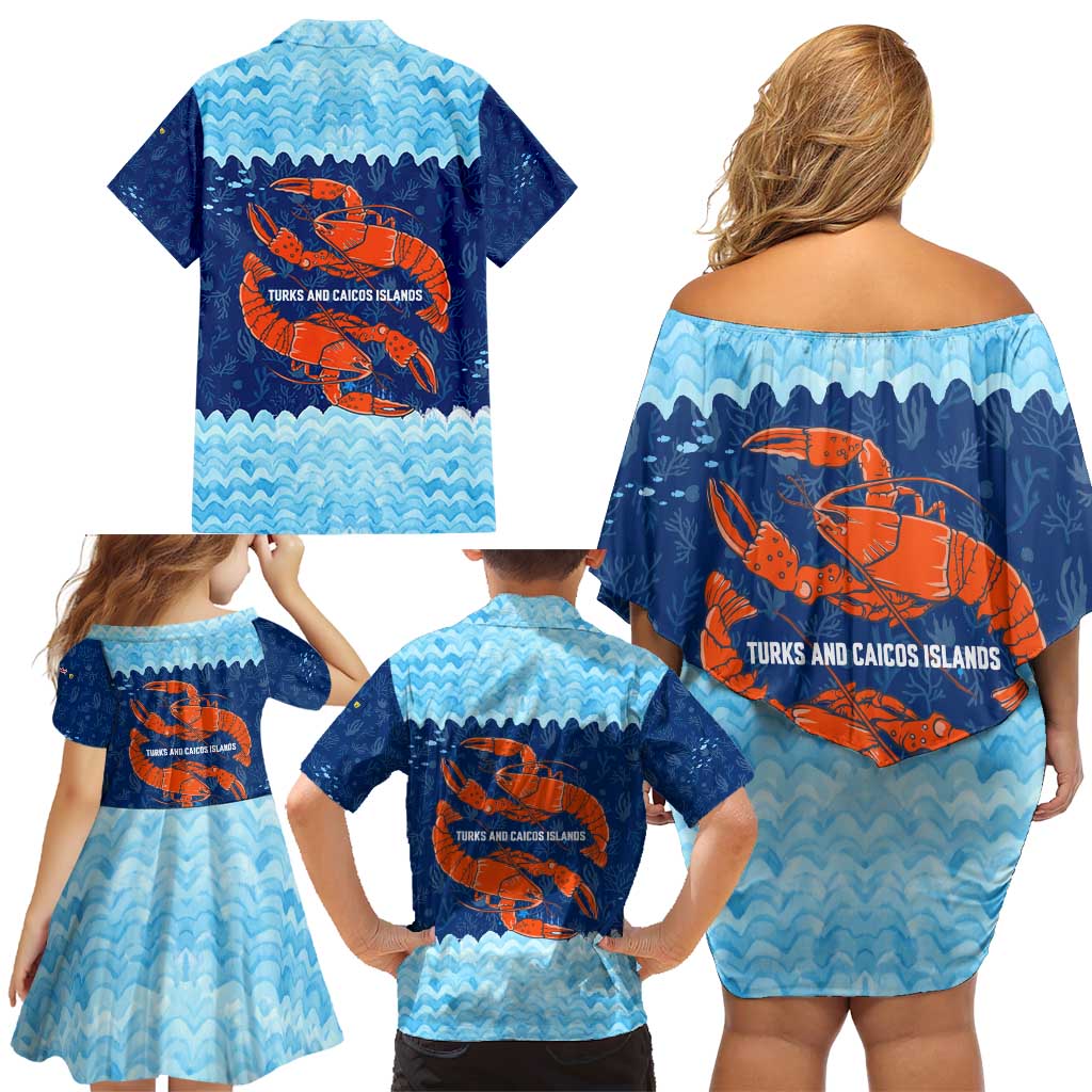 Turks and Caicos Islands Family Matching Off Shoulder Short Dress and Hawaiian Shirt with Red Crab and Ocean Wave Coral Reef Design - Wonder Print Shop