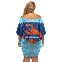 Turks and Caicos Islands Family Matching Off Shoulder Short Dress and Hawaiian Shirt with Red Crab and Ocean Wave Coral Reef Design - Wonder Print Shop