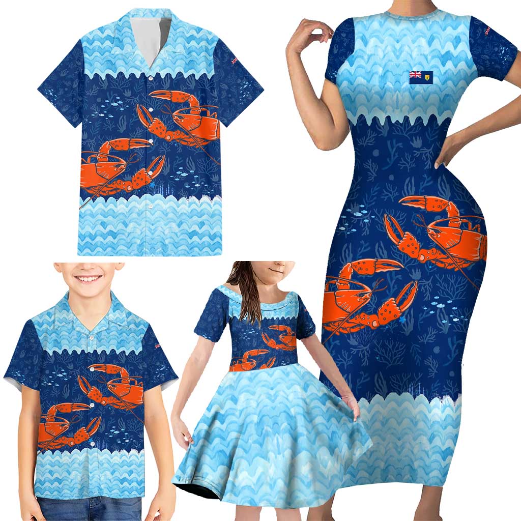 Turks and Caicos Islands Family Matching Short Sleeve Bodycon Dress and Hawaiian Shirt with Red Crab and Ocean Wave Coral Reef Design - Wonder Print Shop