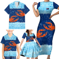 Turks and Caicos Islands Family Matching Short Sleeve Bodycon Dress and Hawaiian Shirt with Red Crab and Ocean Wave Coral Reef Design - Wonder Print Shop